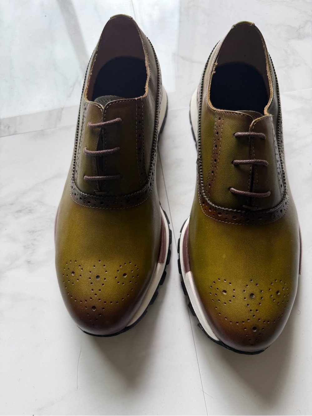 Green and Brown Leather Oxford Shoes with Brogue Detailing - Picture 4 of 4